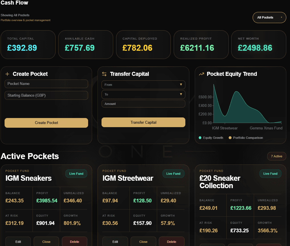 IGM ONE Cash Flow page showing capital, available cash, profit and active pockets