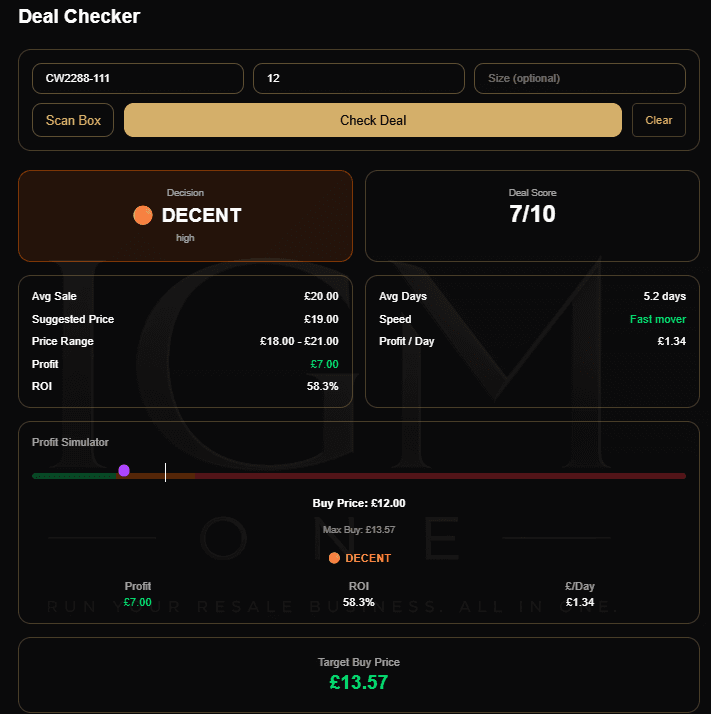 IGM ONE Deal Checker showing a deal score, estimated profit, ROI and target buy price