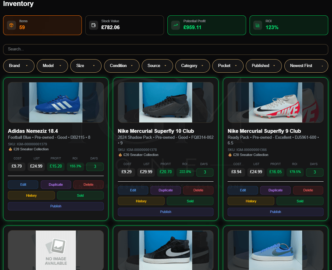 IGM ONE inventory page displaying products, stock values and potential profit