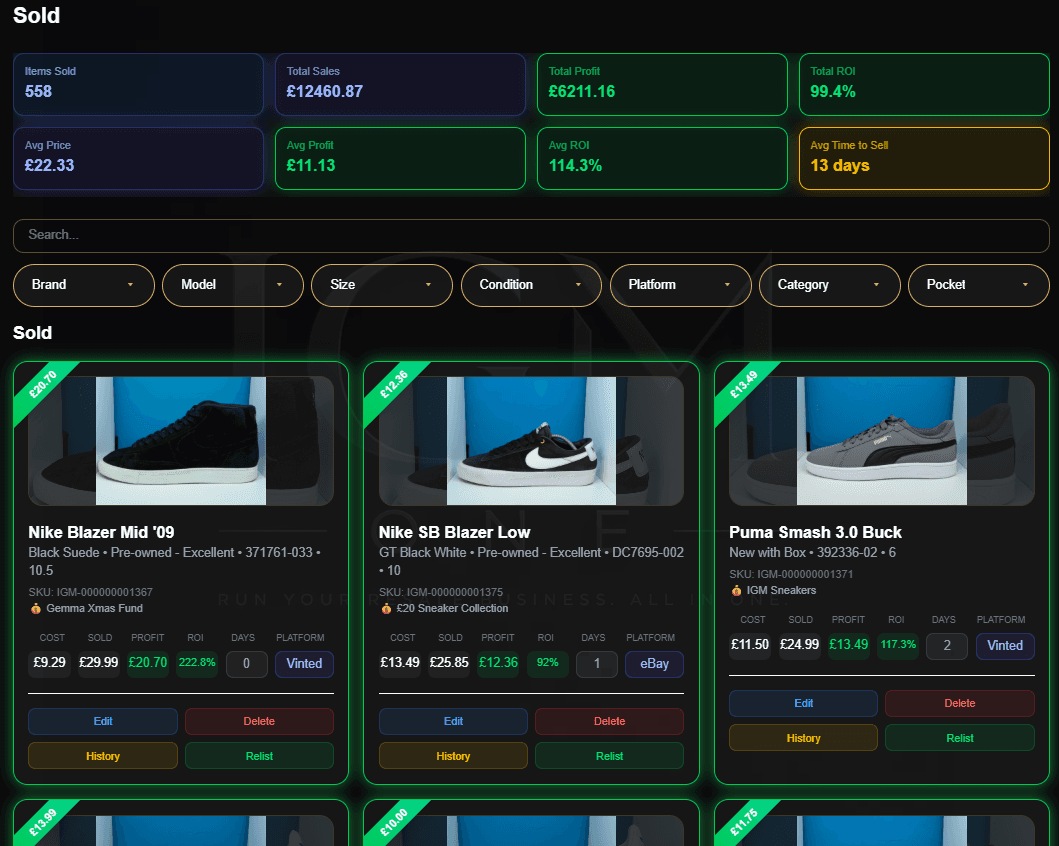 IGM ONE sold inventory page showing sales and profitability figures
